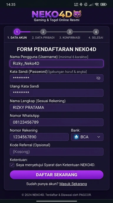Tampilan halaman daftar neko4d